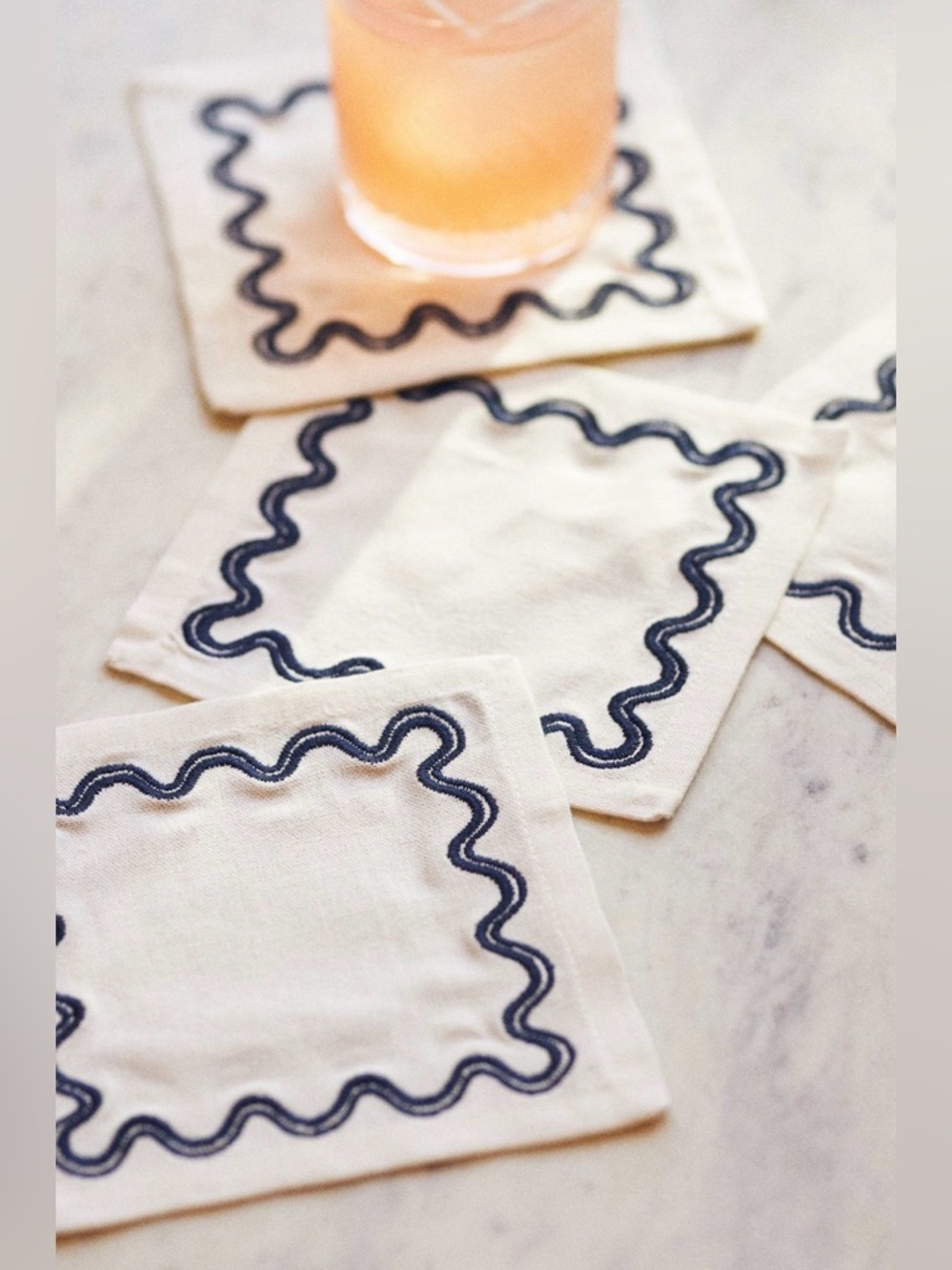 Anthropologie Madeline Embroidered Cocktail Napkins, Set of 4 in Navy NEW